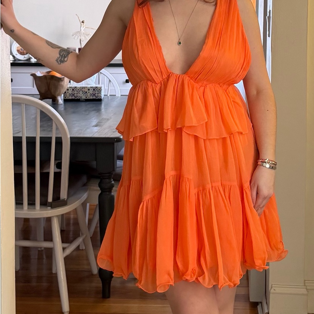 Women's Orange Tiered V-Neck Summer Dress